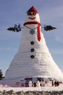 A view the world's tallest snowman in Bethel, Maine.