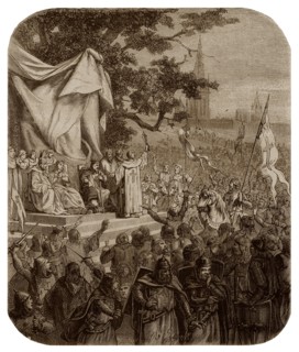 In 1146, Saint Bernard, preaching the Second Crusade, in front of King Louis the Young, during the Assembly of Vézelay.