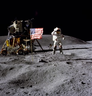 Man on the moon. Astronaut walking on moon from Apollo 16 expedition. Credit/NASA