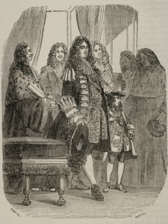 The Regent Philippe of Orleans (1674-1723) with Louis XV (1710-1774) as a child in the Parliament. Engraving.