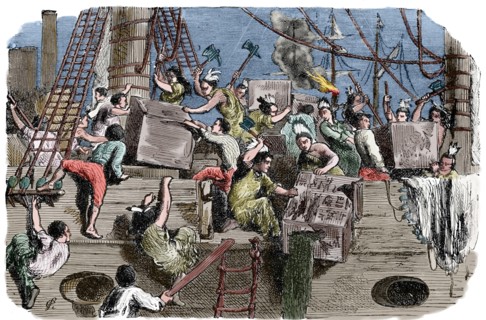 Boston Tea Party. Political protest by the Sons of Liberty in Boston. December 16, 1773. Engraving. Later colouration.