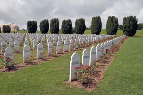 Muslim headstones in the French National Cemetery in front of the Douaumont ossuary, near Fort Douaumont, near Verdun, France.