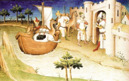 Marco Polo with elephants and camels in the Gulf of Persia from India. Miniature from the book, The Travels of Marco Polo. Marco Polo (1254-1324) was a Venetian merchant traveler and the most famous W...