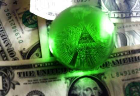 Eye of Providence all-seeing eye from US one dollar bill under glass globe, illuminati symbol