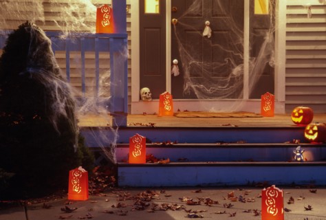 Residential Home has Halloween Decorations on the Front Porch, New England, USA