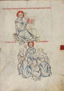 Bernard of Clairvaux Writing, Bernard Preaching to Brothers of the Order, Unknown maker, Silesia, Poland, 1353 reimagined