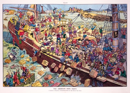 The American dope party, Puck Magazine's cartoon of the Boston Tea Party by Albert Levering, print, 1906