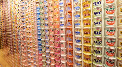 Different types of Instant Ramen noodles on display inside the Cup  Noodles museum in Osaka, Japan.