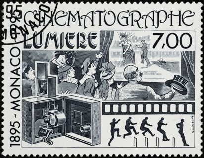 Cinematograph of Lumiere brothers on postage stamp