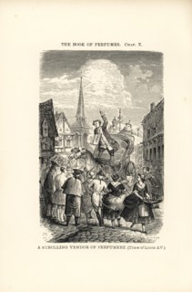 A strolling vendor of perfumery in the time of Louis XV, Paris, 18th century. Charlatans sold eau de Cologne as well as powders, elixirs, pills and opiates. Woodcut engraving by Gabry from Eugene Rimm...