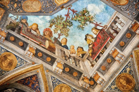 Renaissance trompe l'oeil ceiling fresco paintings,The Treasure Hall Renaissance painting , Palazzo Costabili, National Archaeological Museum, Ferrara