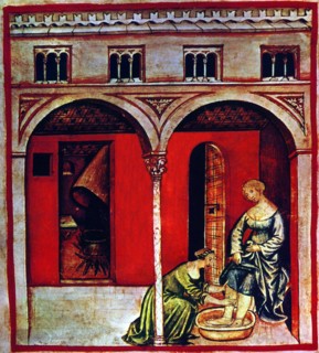 Iraq/Italy: Acqua calda - hot water. Illustration from Ibn Butlan's Taqwim al-sihha or 'Maintenance of Health', published in Italy as the Tacuinum Sanitatis, 14th century.

The Tacuinum (sometimes Tac...