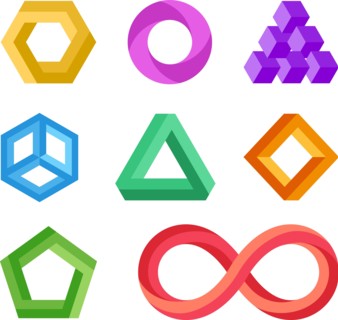 Impossible geometric shapes vector set. Abstract colored object element for logo illustration