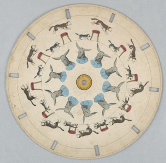 Phenakistiscope Disc with Cats and Donkey. Paper disc with a hole in the center, 10 rectangular perforations evenly spaced along perimeter for viewing.