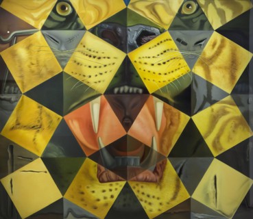 Painting by Spanish surrealist painter Salvador Dalí entitled 'Fifty abstract paintings that from two metres change into three Lenins disguised as a Chinese and from six metres form the head of a Roya...