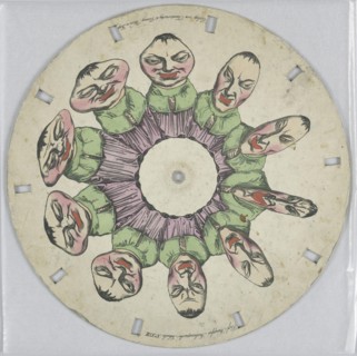 Phenakistiscope Disc with Distorted Man, Simon von Stampfer, Austrian, 1792 - 1864, Hand-colored lithograph on paperboard, Paper disc with a hole in the center, 10 rectangular perforations evenly spac...
