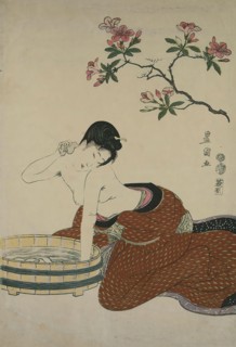 Utagawa Toyokuni I, Azalea, neck wash, from the untitled series of beauties with flowers, color woodcut, Total: Height: 38,90 cm; Width: 26,50 cm, signed: Signature: Toyokuni ga ???, Publisher: Hagiwa...