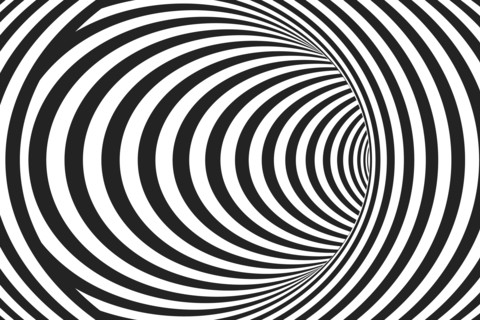 Abstract black and white concentric lines that makes a striped tunnel.  Optical Illusion effect. Modern vector background. Hypnotic line art.