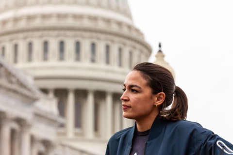 Congresswoman Alexandria Ocasio-Cortez (D-NY) listens as Congresswoman Cori Bush answers questions about her role in extending the pandemic eviction moratorium at a press conference announcing the new...