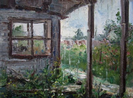 Rain in the country in summer, oil painting with palette knife