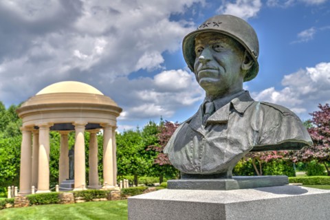 Bust of Lt. General Omar Bradley by the Supreme Commander pavilion in the Richard S. Reynolds Sr. Garden at The National D-Day Memorial in Bedford, Vi