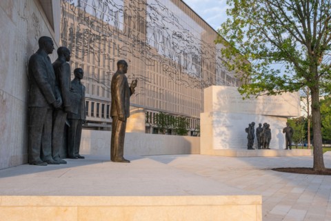Dwight Eisenhower Memorial, Washington, DC, USA. Second Inaugural on left, Normandy Invasion on right.