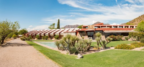 wide angle panorama of Taliesin West architect Frank Lloyd Wright's winter home and school in the desert in Scottsdale Arizona