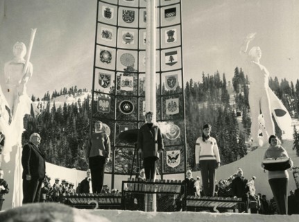 The winners of the VIII Winter Olympic Games Ladies Downhill ski race, from left: Penny Pitou USA, second place; Heidi Biebl Germany, first place; and Traudl Hecher Austria, third place, Squaw Valley,...