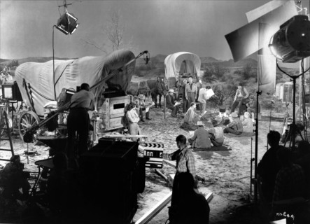 HELENA CARTER and RANDOLPH SCOTT on set candid with Camera / Movie Crew during filming of FORT WORTH 1951 director EDWIN L. MARIN writer John Twist cinematographer Sidney Hickox music David Buttolph W...