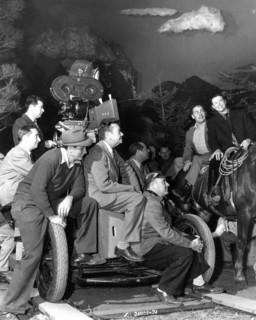 BRIAN DONLEVY and ROBERT CUMMINGS on set candid with Camera / Movie Crew including Cinematographer KARL STRUSS  (centre) during filming of HEAVEN ONLY KNOWS 1947 director ALBERT S. ROGELL Nero Films /...