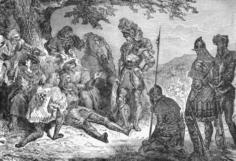 A late 19th Century illustration of the death of Pierre Terrail (1476-1524), aka Chevalier de Bayard, a French knight during the transition between the Middle Ages and the Renaissance. He served Franc...