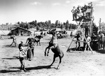 JAMES CAGNEY on set location candid in Colorado with Cinematographer ROBERT SURTEES and Movie / Camera Crew during filming of TRIBUTE TO A BAD MAN 1956 director ROBERT WISE short story Jack Schaefer m...