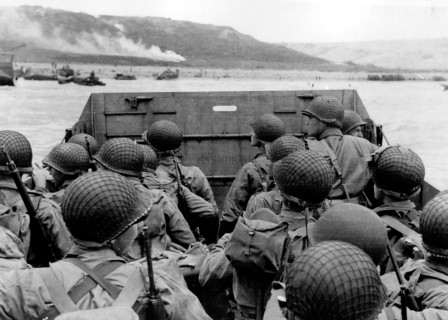American troops in a landing craft approach Omaha Beach during the D-Day landings on the 6 June 1944.