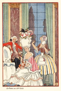 A noble woman at her toilette in the era of Marie Antoinette, 18th century France. A hairdresser with a powder puff fixes the woman's huge pouffe hair-do. The woman sits holding a lap dog. La France a...