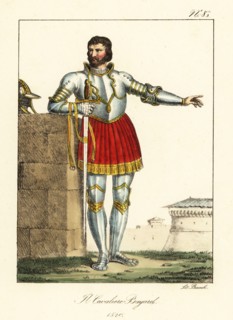 Pierre Terrail, seigneur de Bayard, c. 1476-1524, French knight and commander. In suit of plate armour with gold trim, red skirts, helm and sword. Le Chevalier Bayard, 1520. Handcoloured lithograph by...