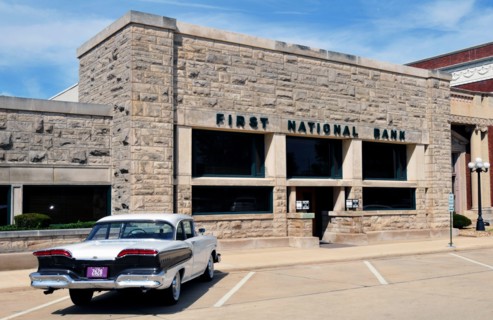 Designed by architect Frank Lloyd Wright for Frank L. Smith, this is now the Dwight Banking Center of Peoples National Bank of Kewanee in Dwight, IL.