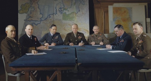 Left to right: Lieutenant General Omar Bradley, Commander in Chief, 12th US Army Group; Admiral Sir Bertram H Ramsay, Allied Naval Commander in Chief, Expeditionary Force; Air Chief Marshal Sir Arthur...