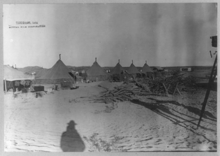 U.S. Army tent camp in Mexico, 1914- row of tents; movie camera at far right