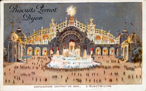 Commemorative biscuit tin by Pernot for the Exposition Universelle 1900 in Paris showing the Palace of Electricity. Produced by Pernot Biscuits, Dijon.