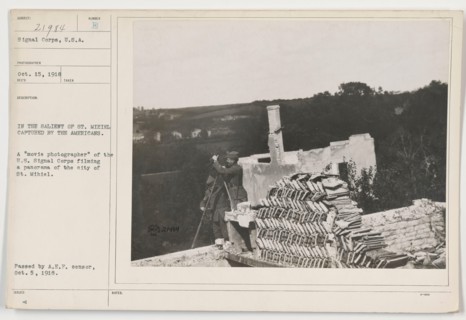 A U.S. Signal Corps "movie photographer" captures footage of the city of St. Mihiel, a captured area by the American troops, during World War One. The photograph was taken on October 15, 1918, and rec...