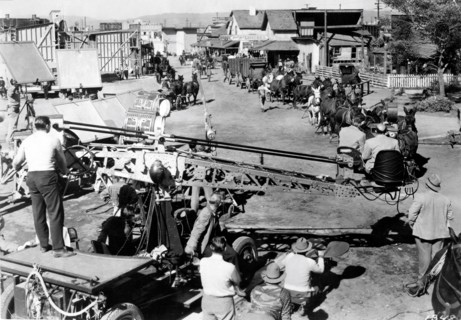 Movie Crew with Camera Crane filming an outdoor scene for JUDY GARLAND in THE HARVEY GIRLS 1946 director GEORGE SIDNEY novel Samuel Hopkins Adams cinematographer George J. Folsey associate producer Ro...