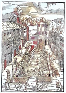 Digital restauriert, Badeanstalt, das gemeinsame Sanatorium für die Armen und Kranken in Plombiere, Frankreich, Holzschnitt aus dem Jahr 1553, Veröffentlichung aus dem Jahr 1882  /  Digital improved:,...