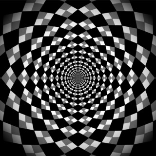 Hypnotic background, optical spiral illusion. Optical Checkered Circle Classic circular Op Art design in black and white color. Vector illustration