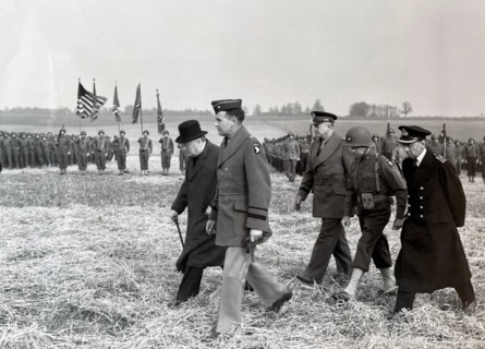 OPERATION OVERLORD PREPARATIONS   25 March 1944. From left: British Prime Minister Winston Churchill, US Generals Maxwell D. Taylor,  Dwight D. Eisenhower, Don F.  Pratt and  British Admiral Bertram R...