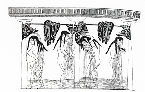 Four Greek women stand in the floor of the bath half up to their knees in water, and take a cold shower from the spouts above.