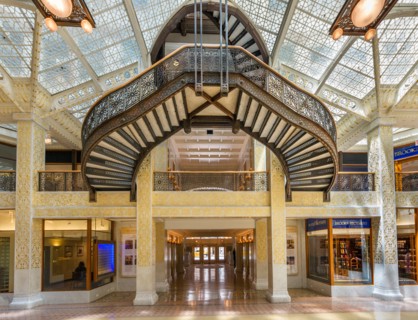 Frank Lloyd Wright designed lobby of The Rookery building on La Salle Street in the Loop district, Chicago, Illinois, USA