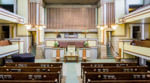 Unity Temple, seminal influential design, architect Frank Lloyd Wright, 1905, Oak Park, Illinois, suburb of Chicago.
