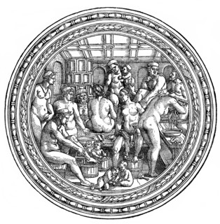 contemporary personal hygiene in a women's bathhouse, after a painting by Hans Sebald Beham from 1500