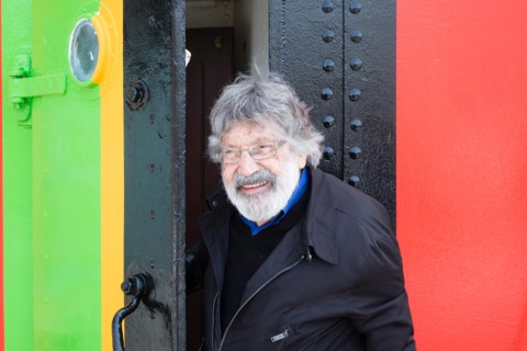 Liverpool, UK, 12th May 2014. Artist Carlos Cruz-Diez visits a freshly painted dazzle ship in Liverpool. In collaboration with the Liverpool Biennial he designed the paint scheme for the ship Edmund G...
