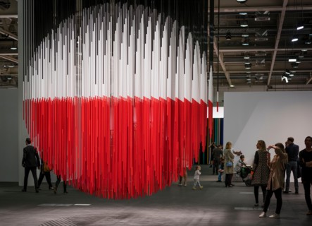 Basel, Switzerland. 16th June, 2015. Giant installation 'Sphere Lutetia' by Jesus Rafael Soto, exhibited at the Art Basel 2015 in Basel (Switzerland), one of the world's largest and most spectacular m...
